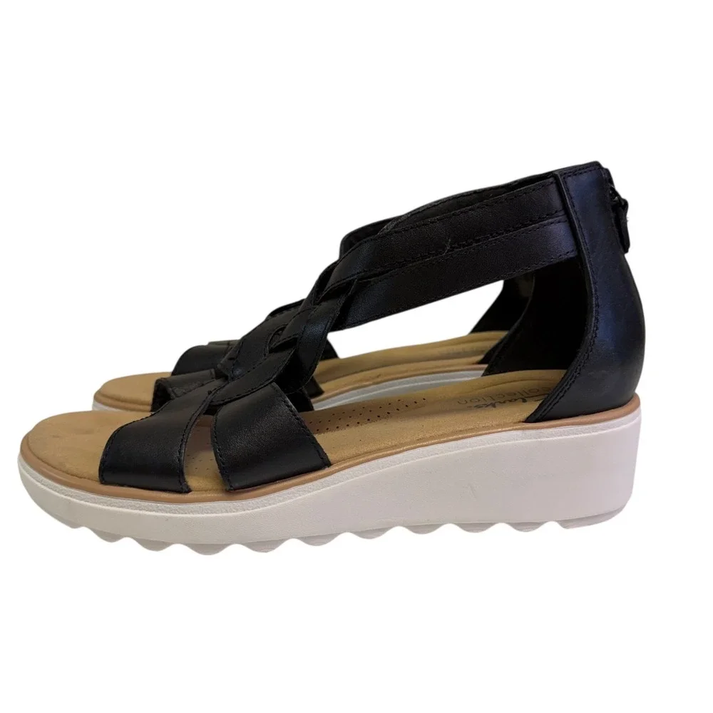 Clarks Collection Black Leather‎ Braided Strappy Wedge Sandals Womens 8 Boho
